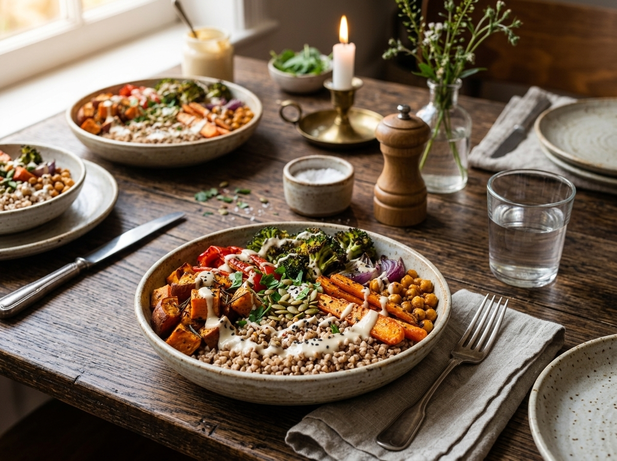 Buckwheat power bowl with roasted veggies and tahini dressing served on a linen napkin at the table