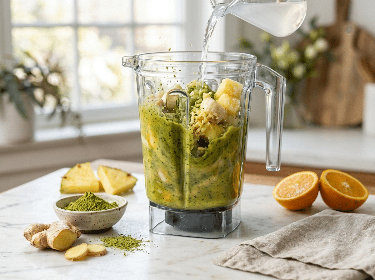 Blender jar swirling green-yellow moringa smoothie with pineapple, banana, and fresh ginger mid-blend