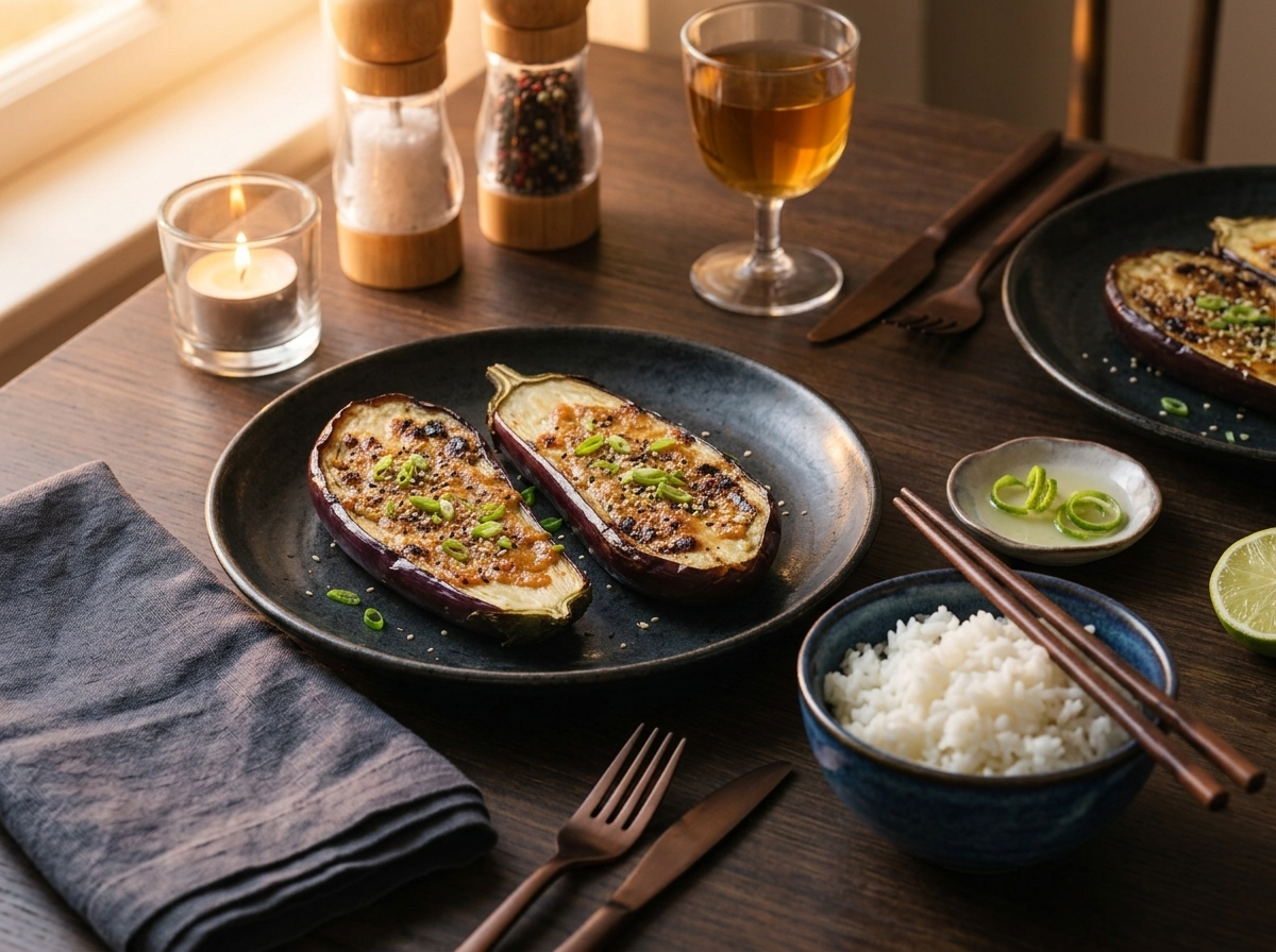 Wooden table set with a rice bowl, chopsticks, and miso glazed eggplant beside a folded linen napkin