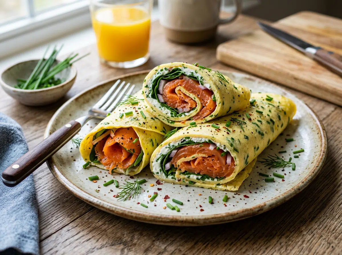 Sliced high-protein smoked salmon egg wraps on a wooden board with capers, chives, and a lemon wedge