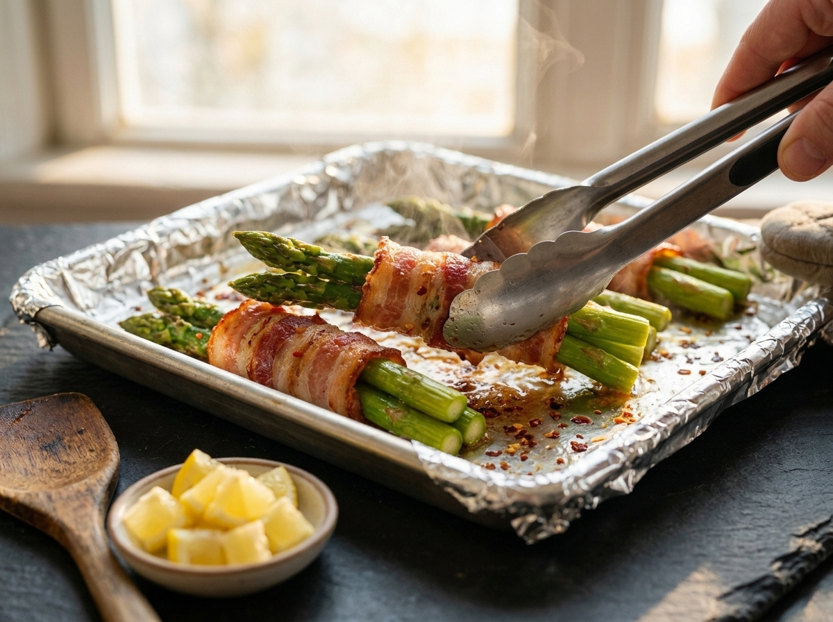 Bacon-wrapped asparagus bundles browning on a foil-lined sheet pan, tongs flipping one bundle mid-bake