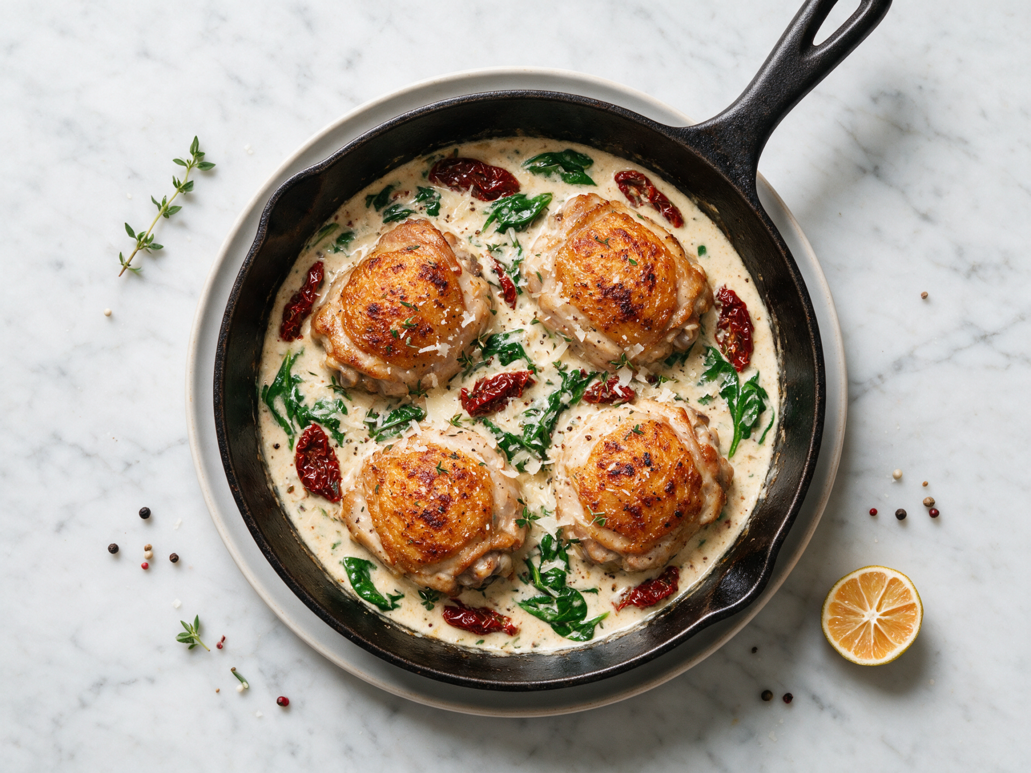 Pan-Seared Keto Tuscan Chicken Thighs in Cream Sauce