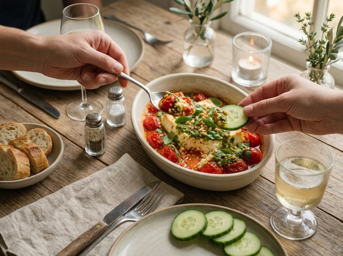 A hand scooping warm pesto baked feta dip onto a cucumber slice at a linen-set dinner table.