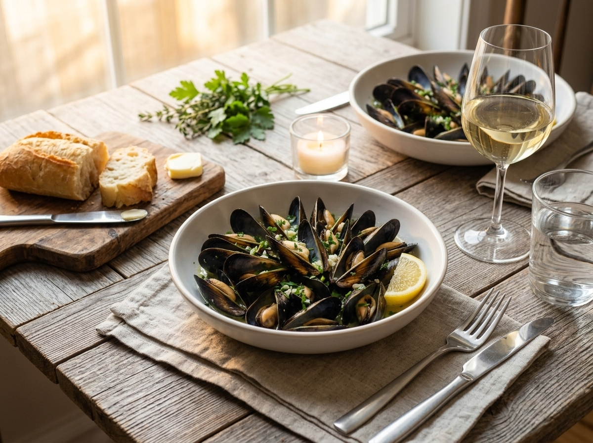 Two bowls of herb steamed mussels served with crusty bread and a glass of white wine at the table
