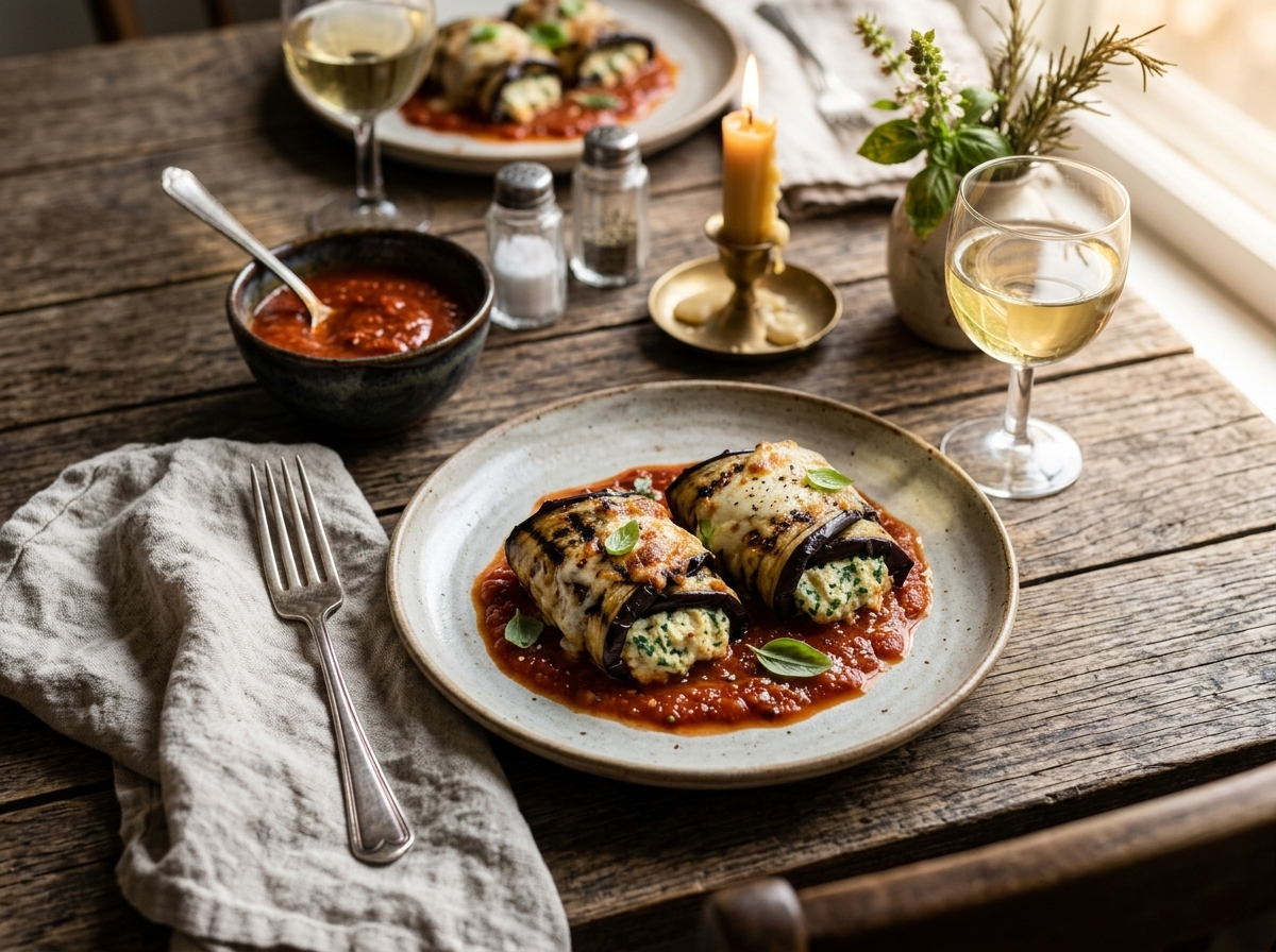 Plated grilled eggplant roll-ups with marinara sauce and basil garnish, served beside a glass of white wine