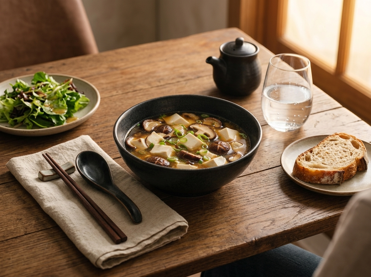 Hands cupping a warm bowl of miso soup at a wooden table, chopsticks and a linen napkin nearby