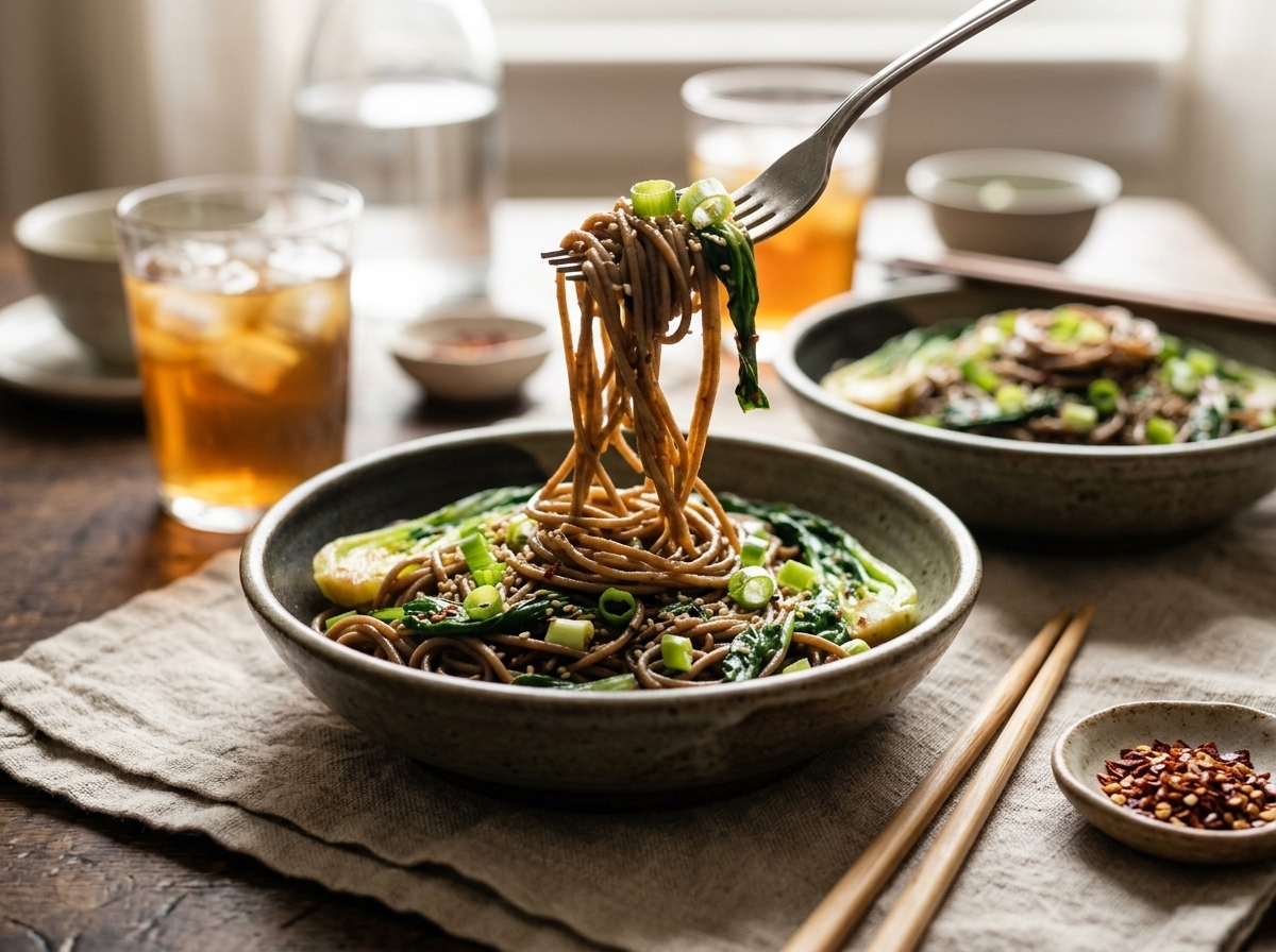 Two bowls of sesame ginger soba with greens served with chopsticks and chili flakes on a linen napkin