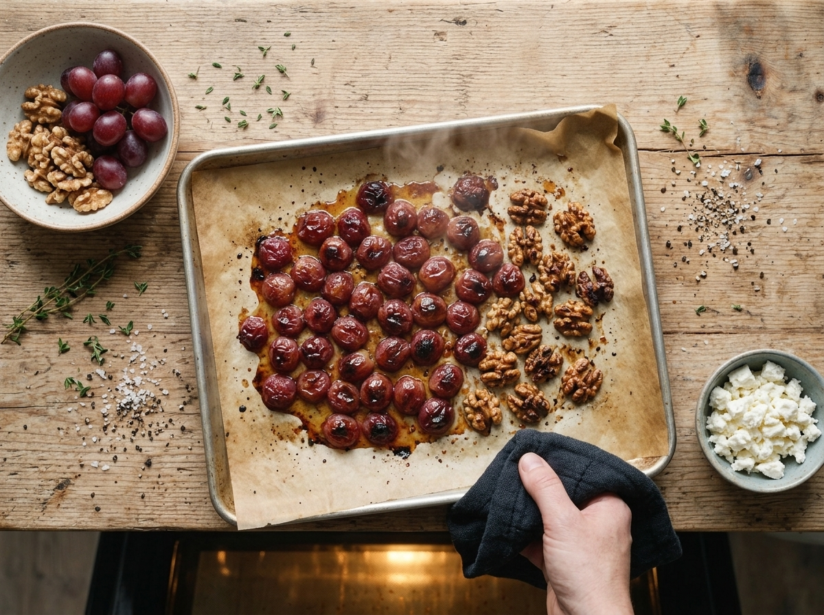 Sheet pan of blistered red grapes and toasted walnut halves fresh from the oven, juices caramelizing at the edges