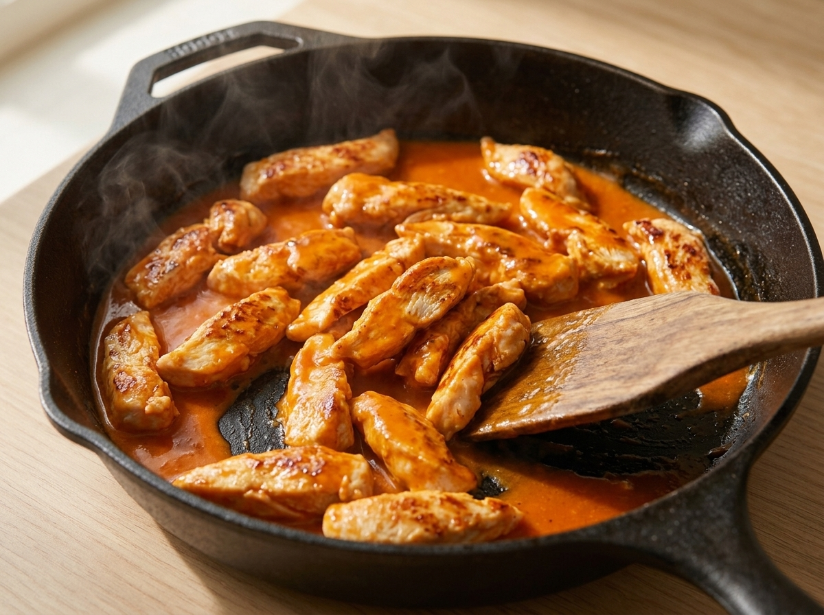 Seared chicken strips being tossed in buffalo sauce with tongs in a nonstick skillet, sauce glossy and steaming