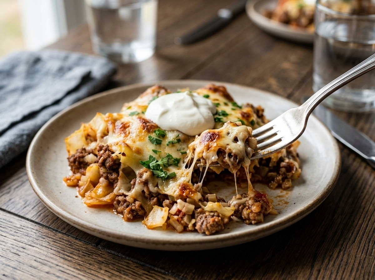 Plated serving of keto cabbage roll casserole topped with sour cream and parsley on a rustic wooden table