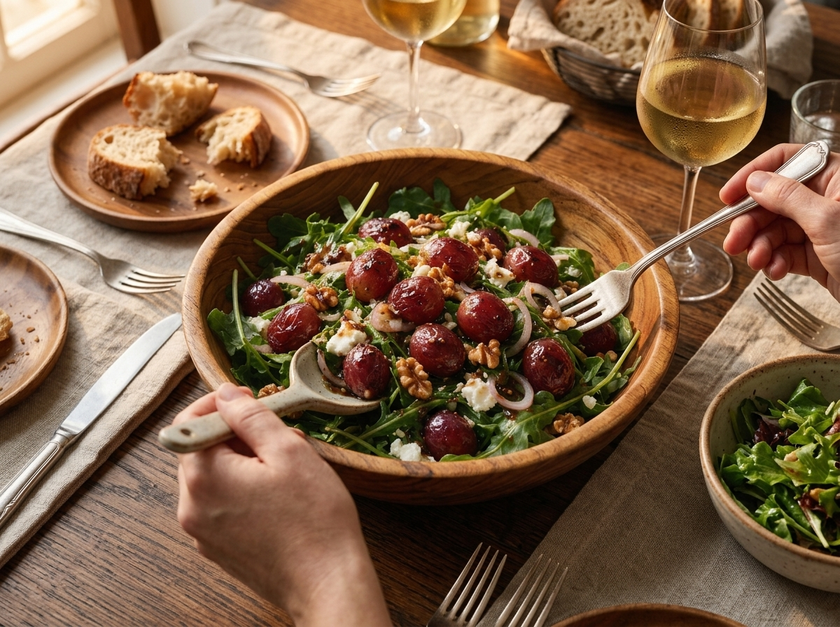 Two hands reaching for a wooden bowl of grape and walnut salad next to a glass of white wine on linen