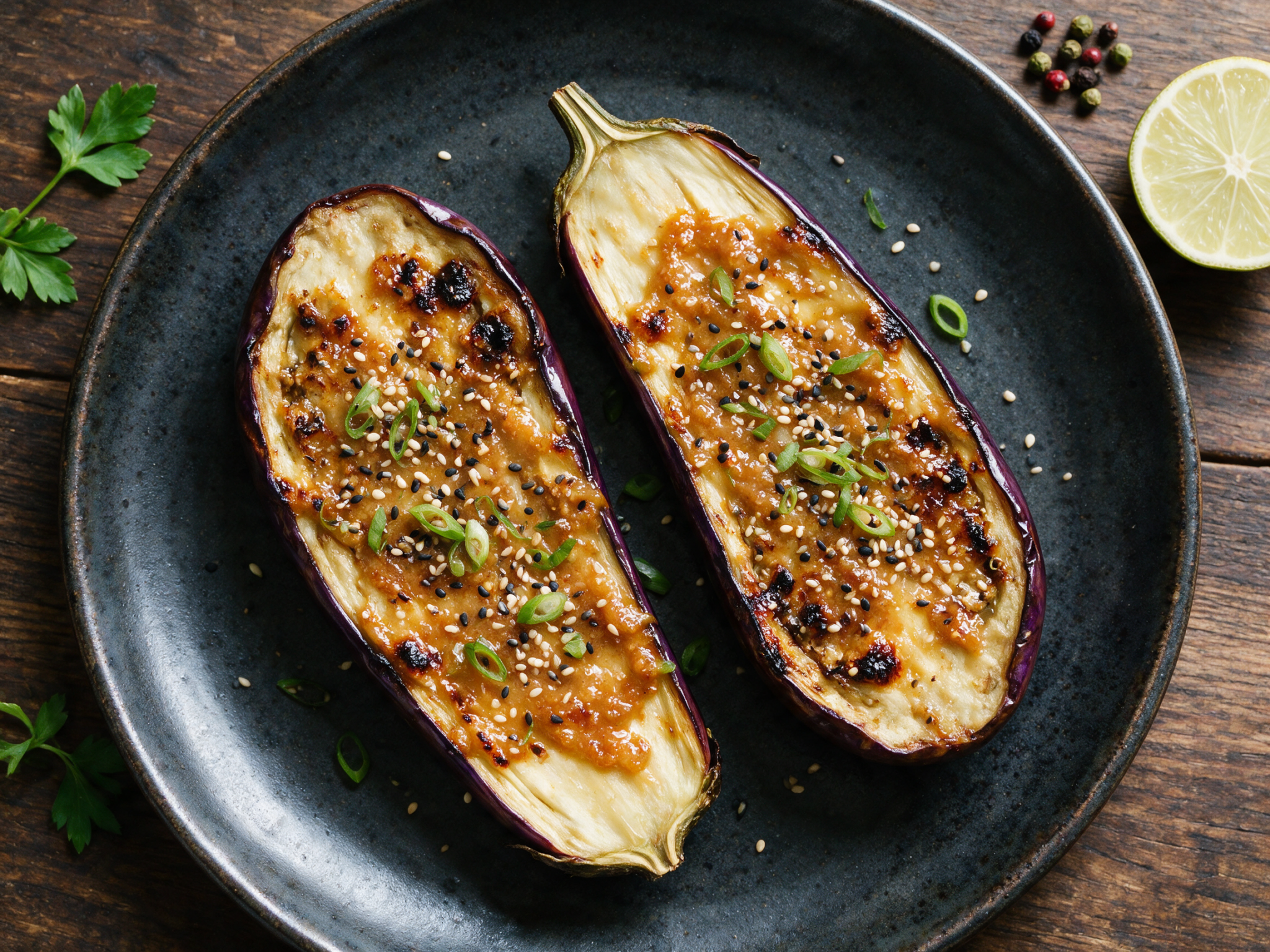 Two broiled ginger miso eggplant halves on a dark plate with charred glaze edges and scattered sesame seeds