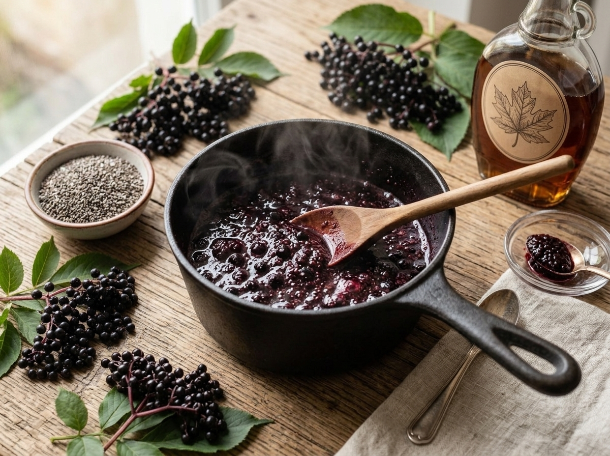 Elderberries simmering in a saucepan with a wooden spoon stirring, steam rising, maple syrup bottle in the background