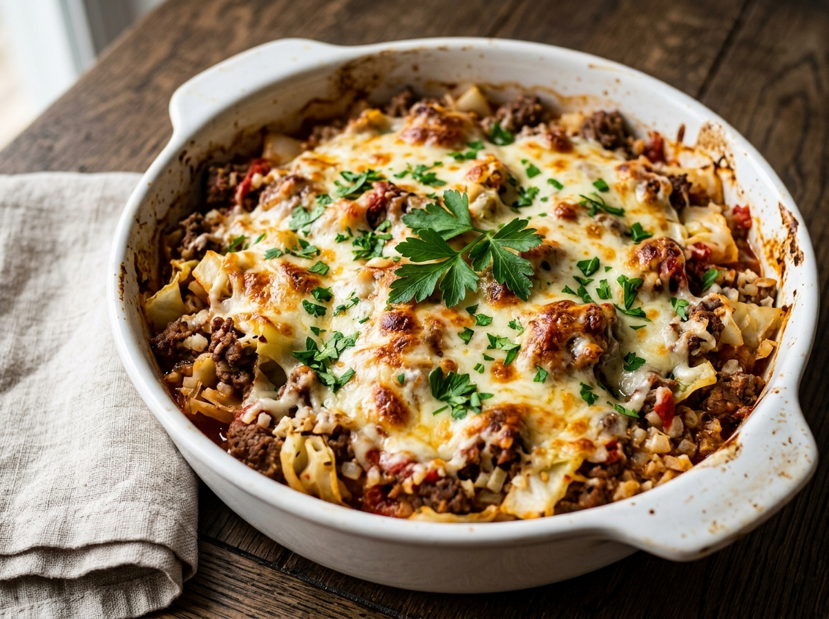 Baked keto cabbage roll casserole with melted mozzarella, ground beef, and cabbage in a white ceramic baking dish