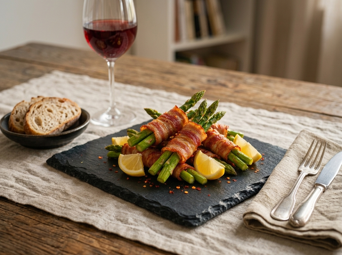 Platter of bacon-wrapped asparagus bundles on a linen-covered table with a wine glass and hands reaching in