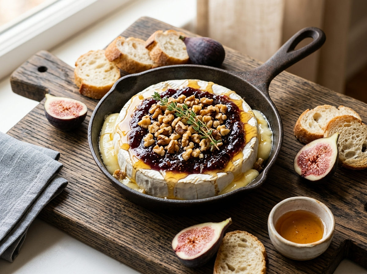 Baked brie wheel topped with fig jam and toasted walnuts in a cast iron skillet, served with baguette slices