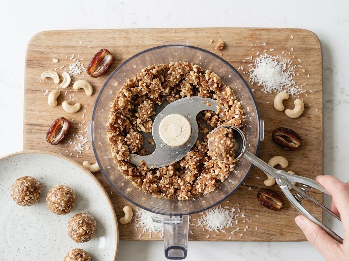 Sticky cashew and date dough being pulsed in a food processor with crumbly texture visible along the sides