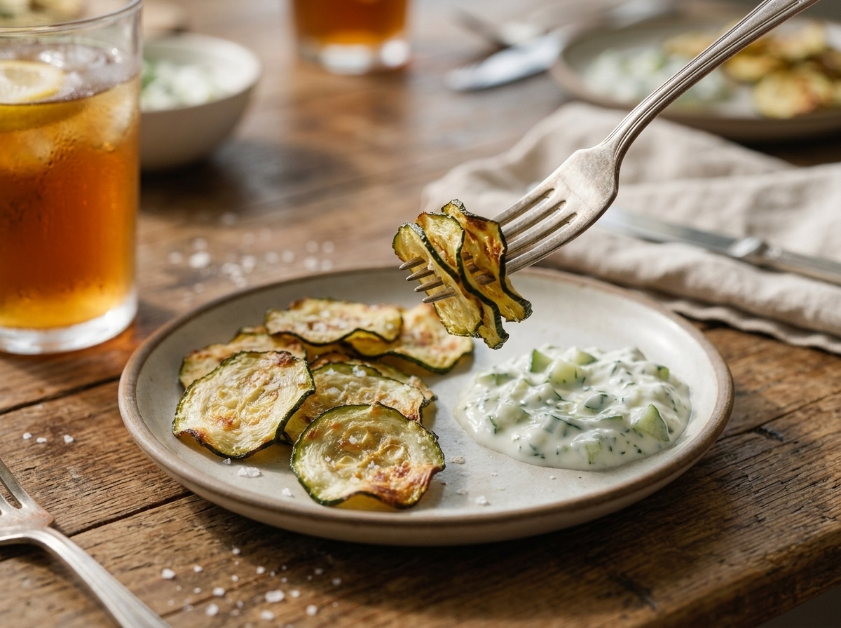 A hand reaching for a zucchini chip from a bowl on a sunlit kitchen table set with a linen napkin and iced tea