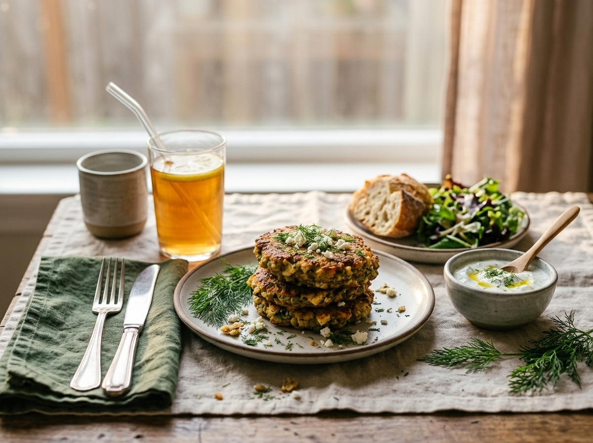 Plate of lentil and feta fritters served with lemon yogurt sauce and a wedge of lemon on a linen tablecloth