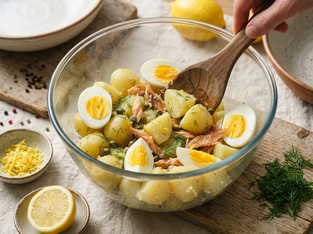 Hands tossing warm boiled potatoes with lemon-dill dressing in a glass mixing bowl, capers and celery scattered nearby.