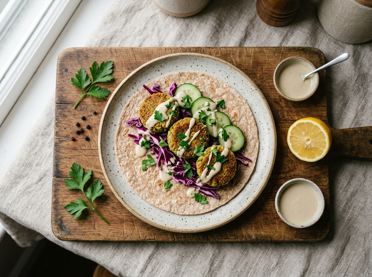 Open edamame falafel wrap with baked falafel patties, red cabbage, cucumber, and tahini drizzle on a wooden board