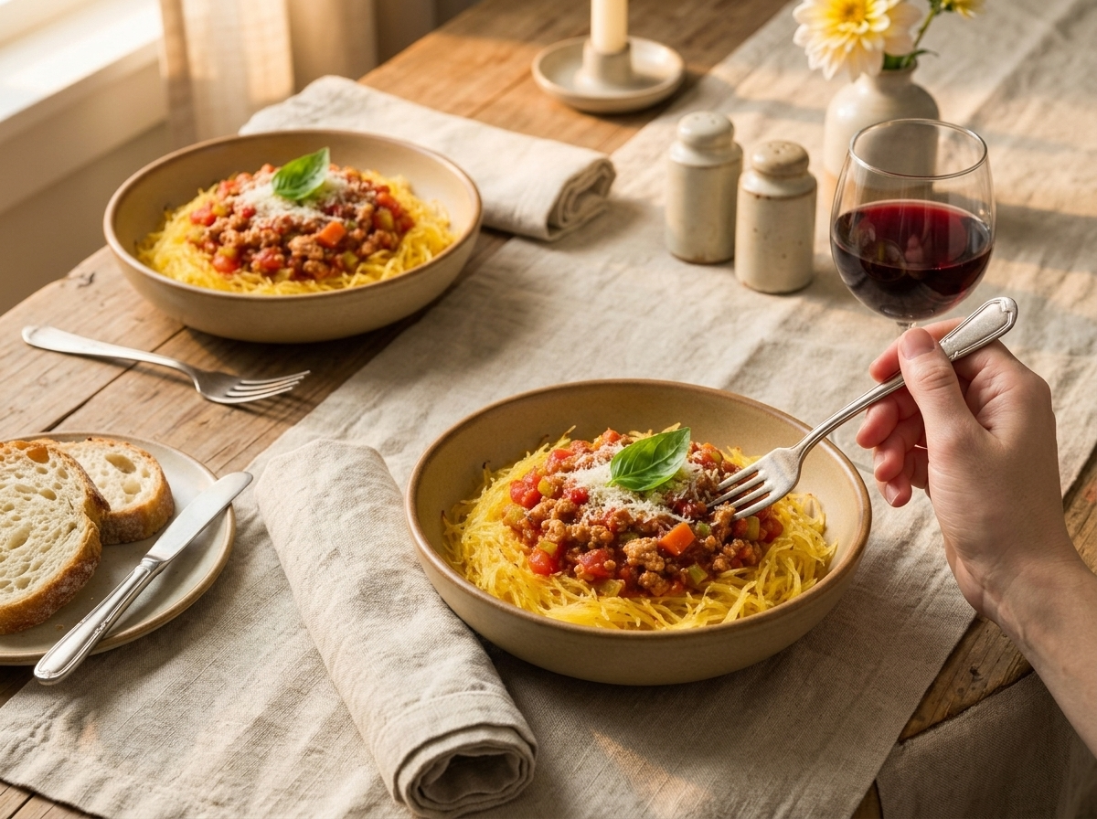 Two rustic bowls of spaghetti squash bolognese on a linen-topped table beside a glass of red wine and crusty bread