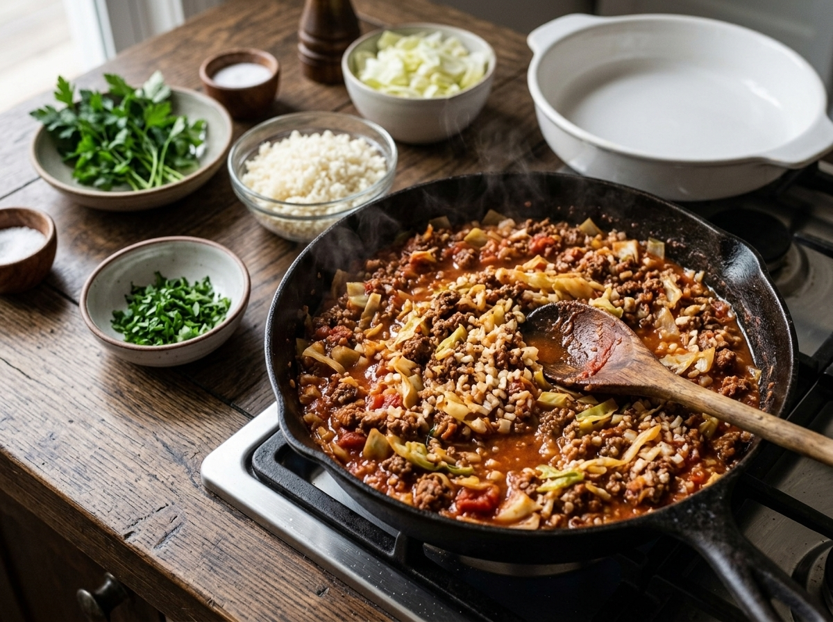 Ground beef, chopped cabbage, and cauliflower rice simmering in tomato sauce in a large skillet on the stovetop