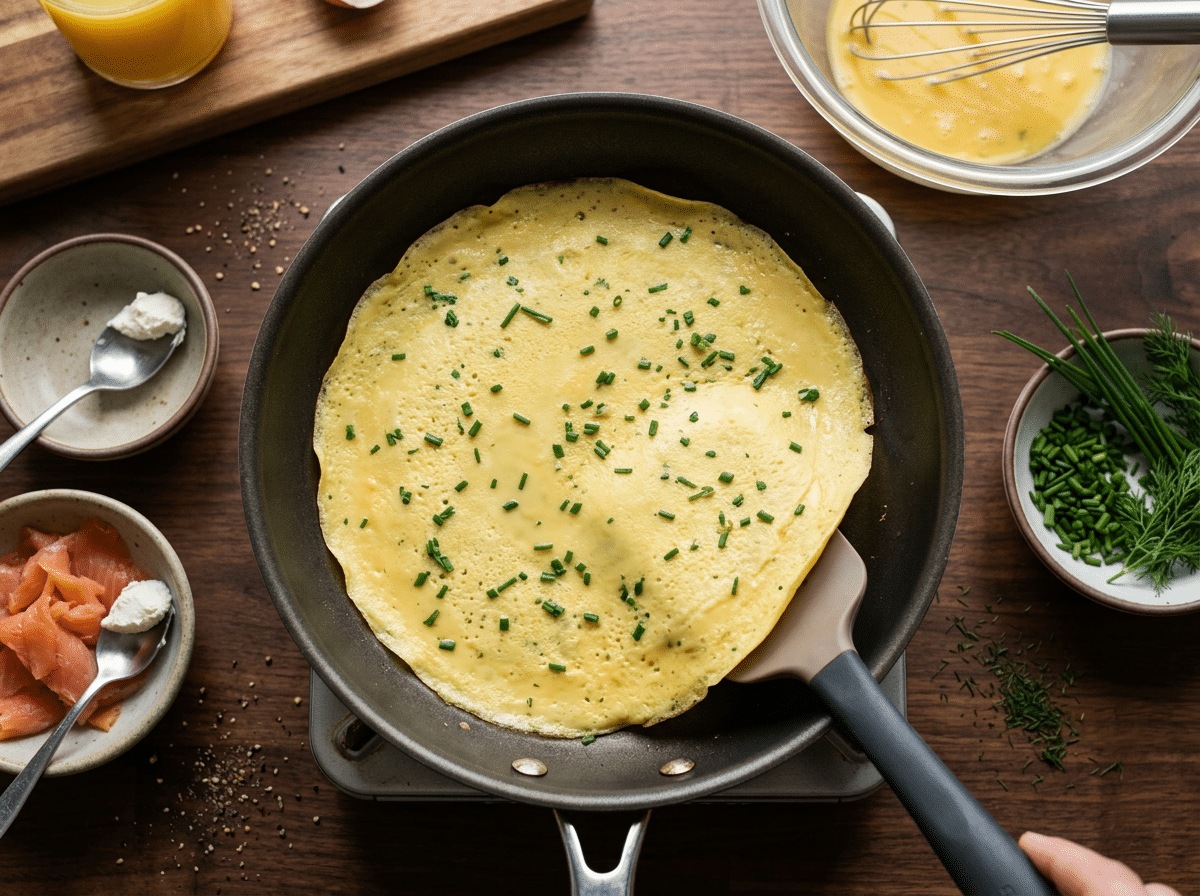 Thin egg wrap cooking in a nonstick skillet with smoked salmon and cream cheese ready for filling