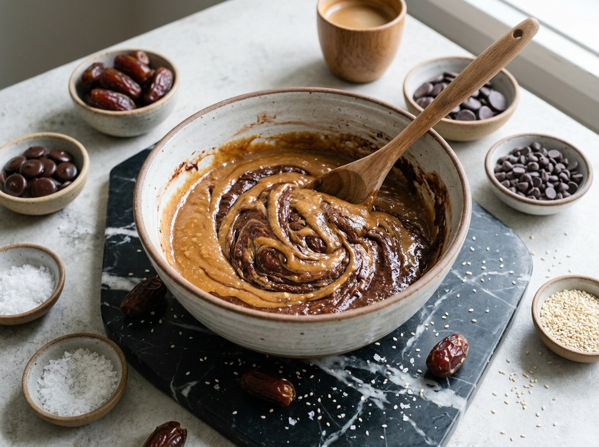 Hands folding glossy caramel-colored date and tahini batter into cocoa and almond flour in a glass mixing bowl.