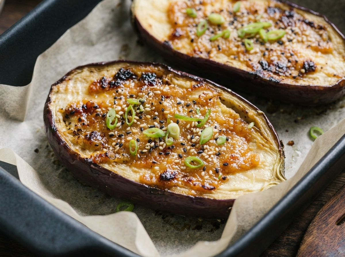 Eggplant halves on a sheet pan being brushed with glossy ginger miso glaze before broiling until bubbly