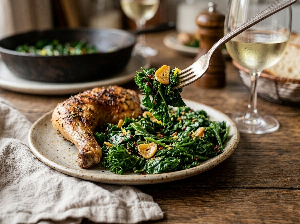 Plate of garlic lemon sauteed greens served alongside roast chicken with a linen napkin and glass of wine