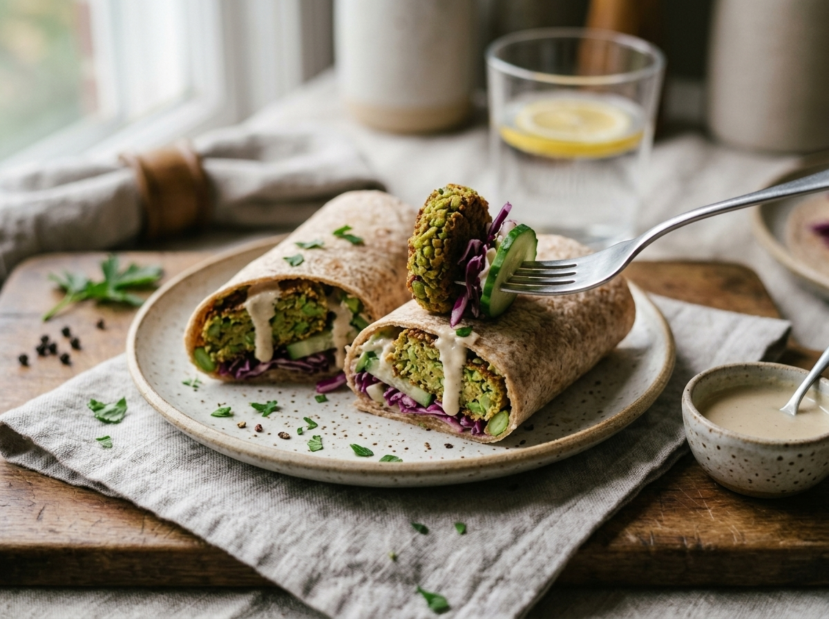 Sliced edamame falafel wrap on a linen napkin with a small bowl of tahini sauce on the side