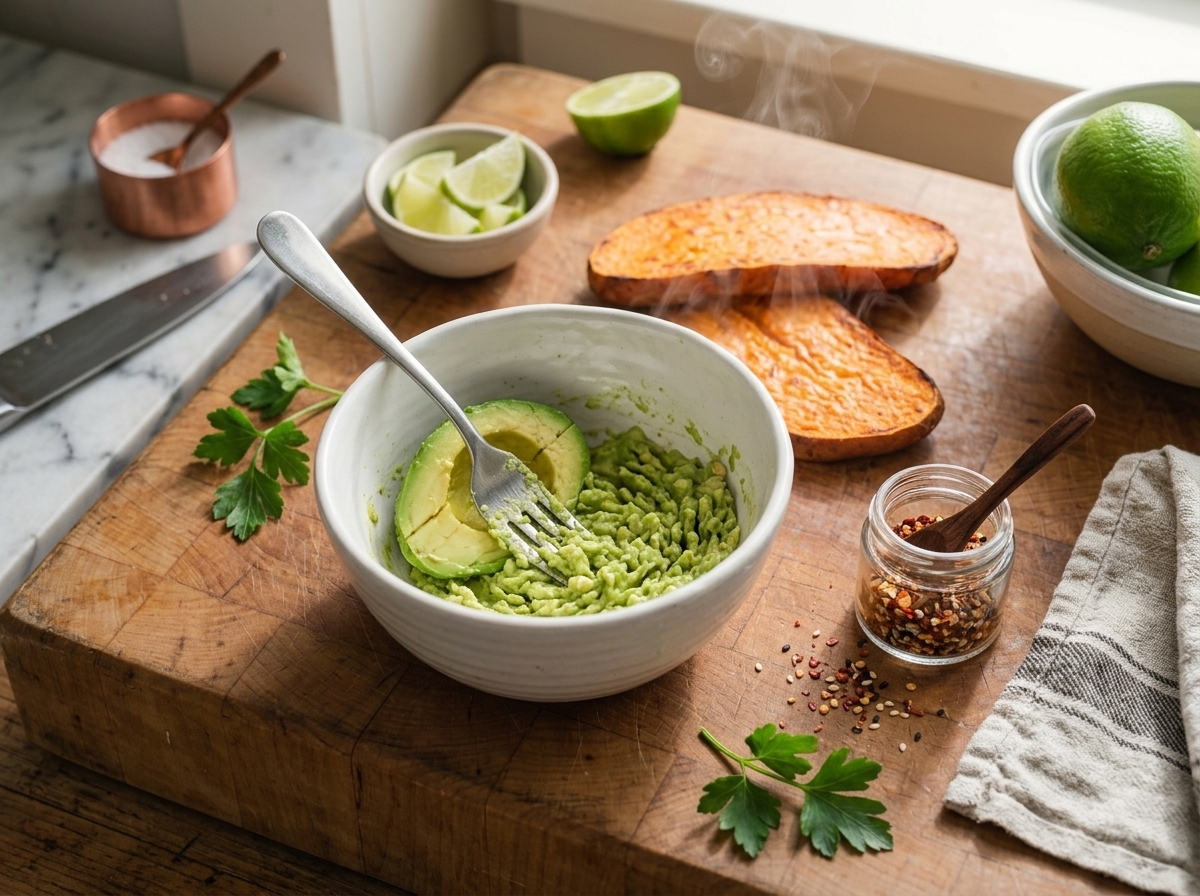 Mashing ripe avocado with a fork in a white bowl beside two freshly toasted sweet potato slices on a cutting board