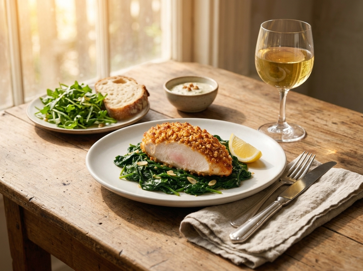 Weeknight dinner table with plated walnut chicken and greens, linen napkin, wine glass, warm evening light.