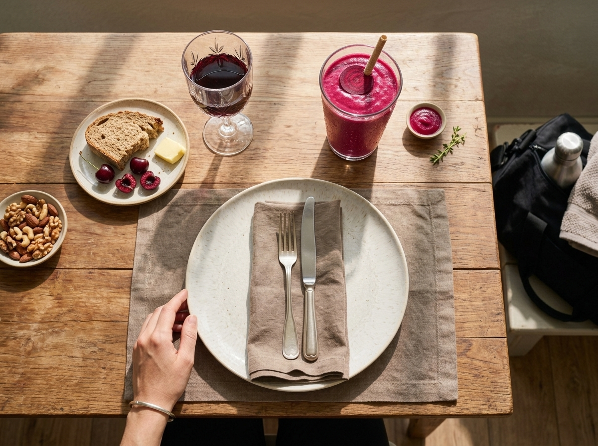 Hands wrapping around a chilled smoothie glass at a wooden breakfast table, gym bag and water bottle nearby.