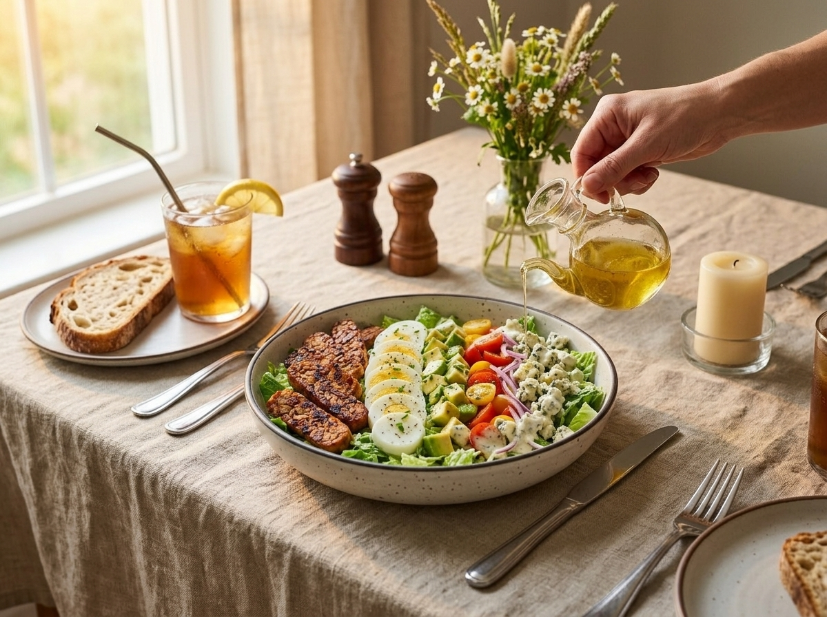Vinaigrette being drizzled over a smoky tempeh Cobb salad bowl on a linen-covered table