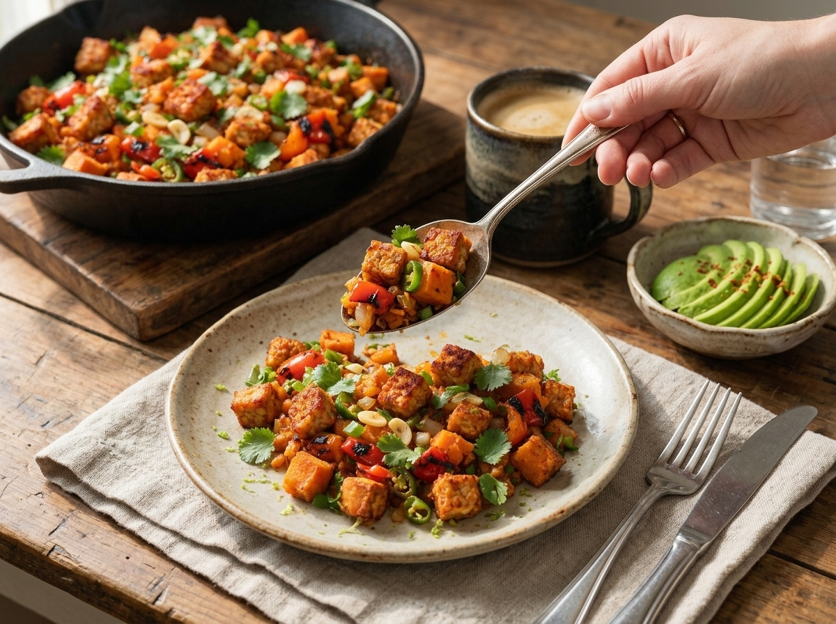 Plate of tempeh sweet potato hash being served at a breakfast table with coffee and a linen napkin nearby