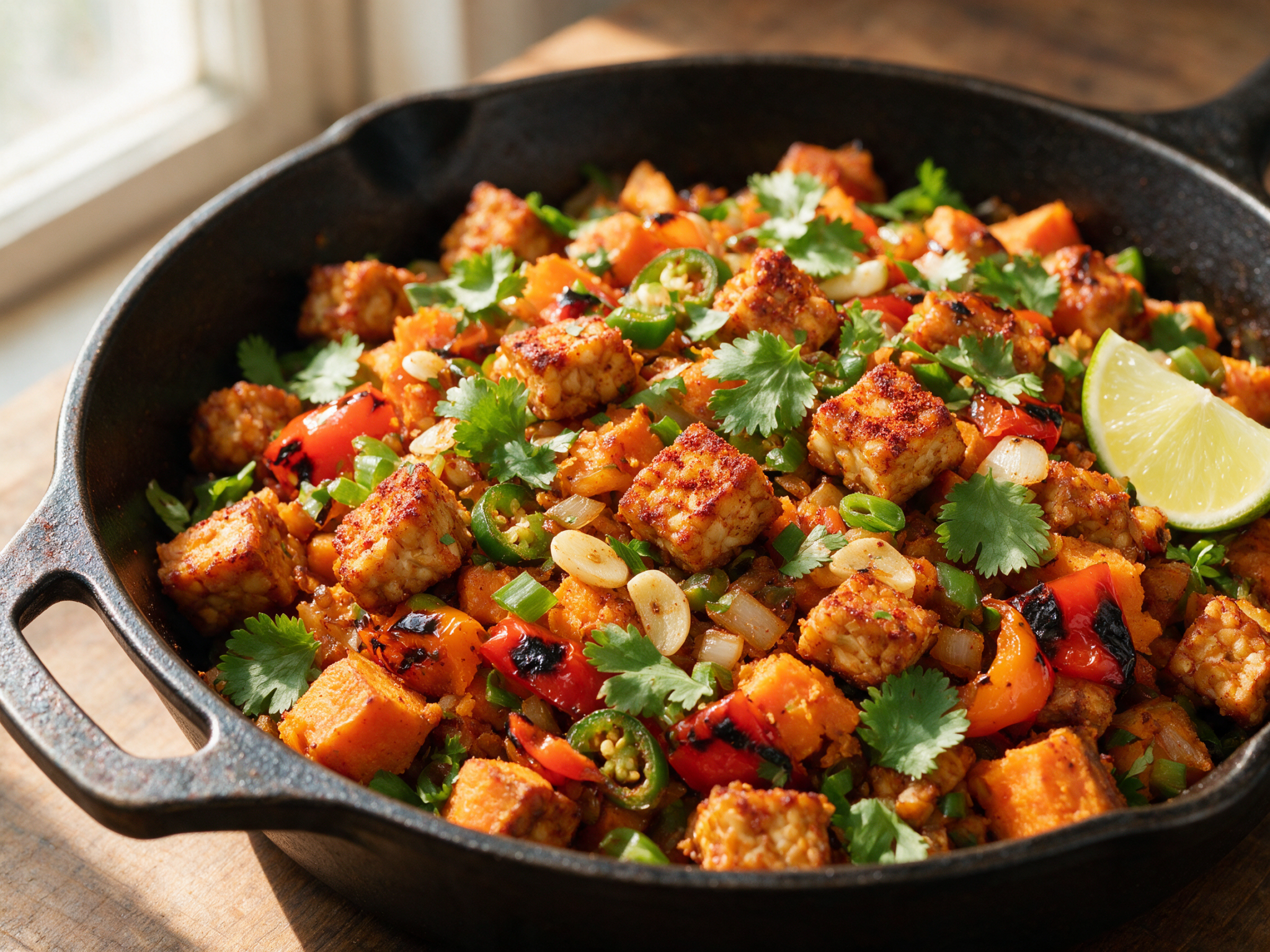 Cast iron skillet of smoky tempeh sweet potato hash with charred bell pepper and cilantro on a wooden table