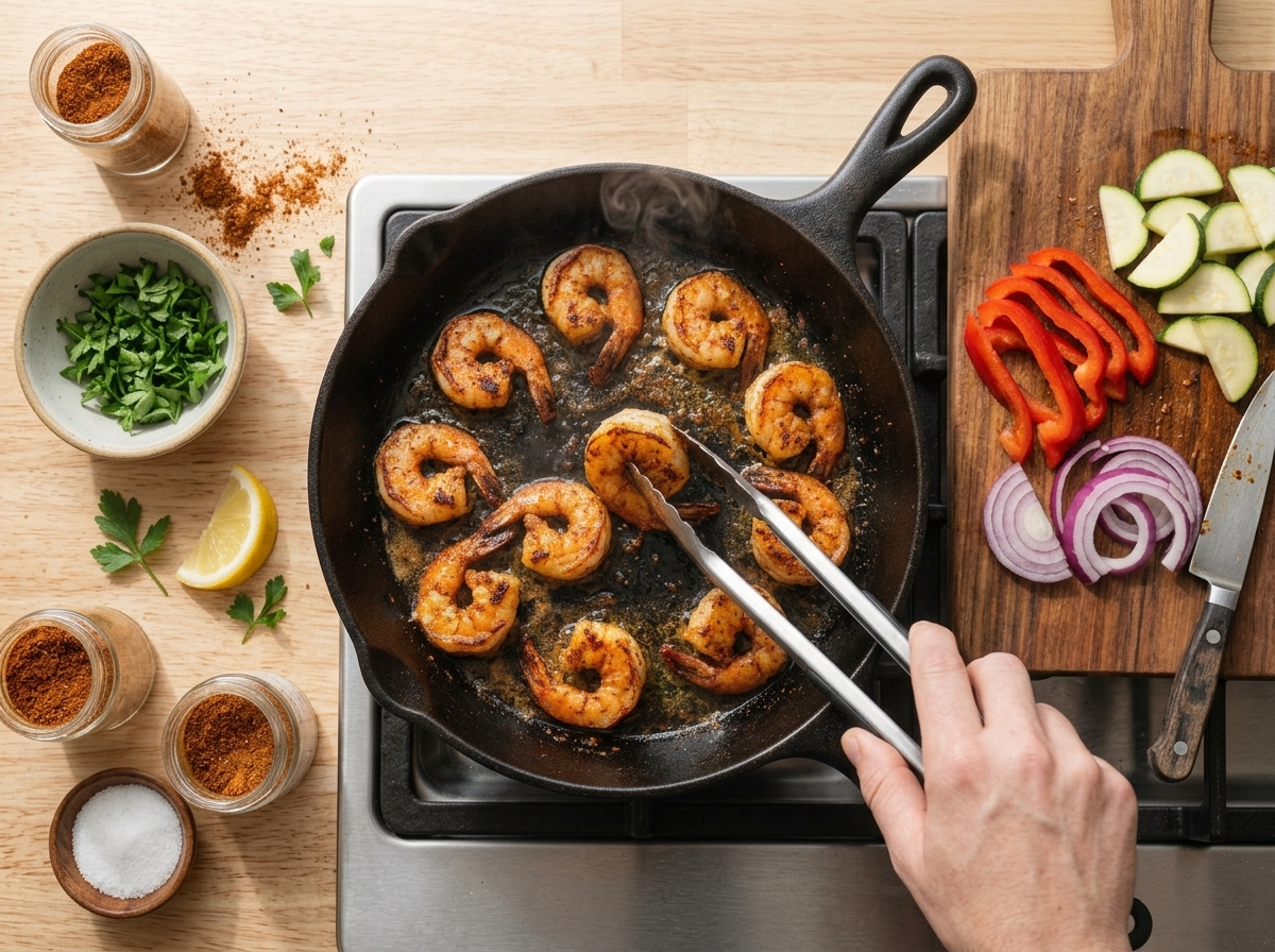Pink Cajun-seasoned shrimp searing in a single layer in a hot skillet, tongs flipping one piece, steam rising