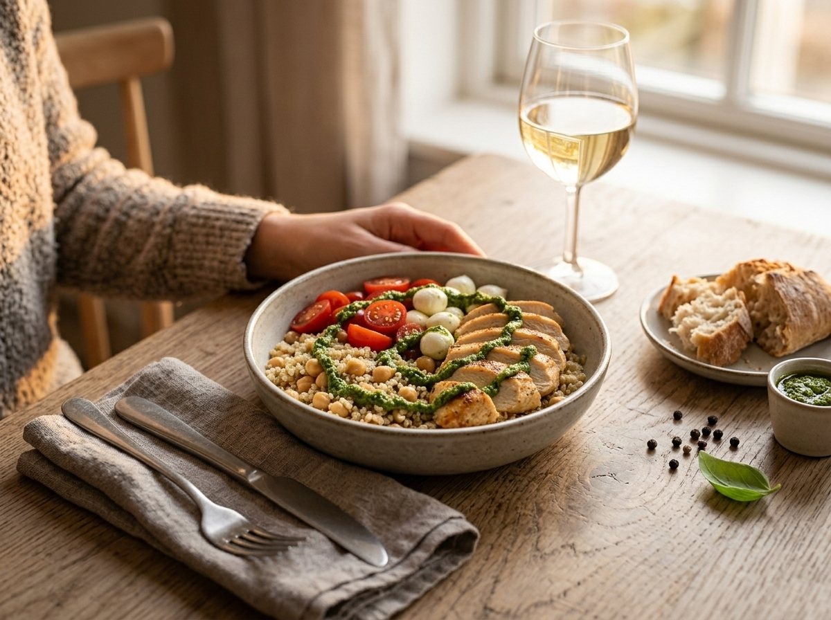Chicken pesto power bowl served on a marble table with linen napkin and glass of white wine in warm light