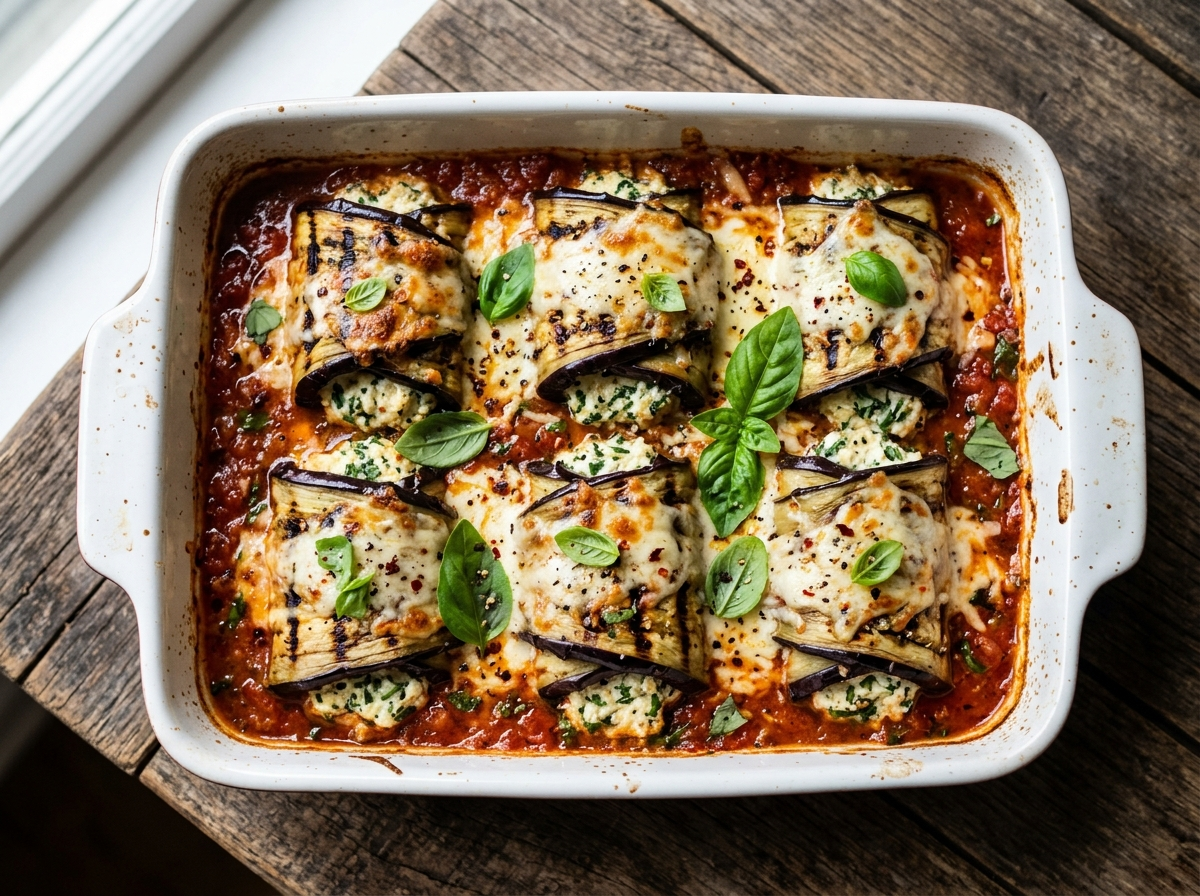 Grilled eggplant roll-ups filled with herbed ricotta, baked in marinara sauce and topped with melted mozzarella in a white dish