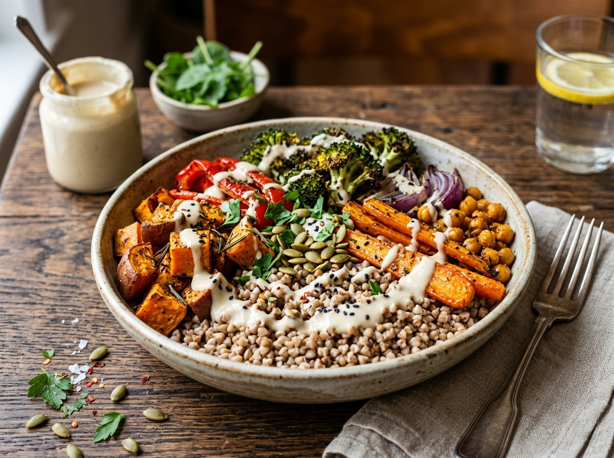 Buckwheat Power Bowl: Roasted Veggies and Tahini Sauce