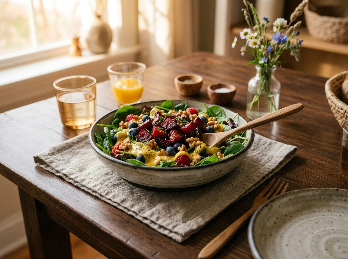 Beet and berry bowl served in a ceramic dish on a marble table with a linen napkin and glass of juice