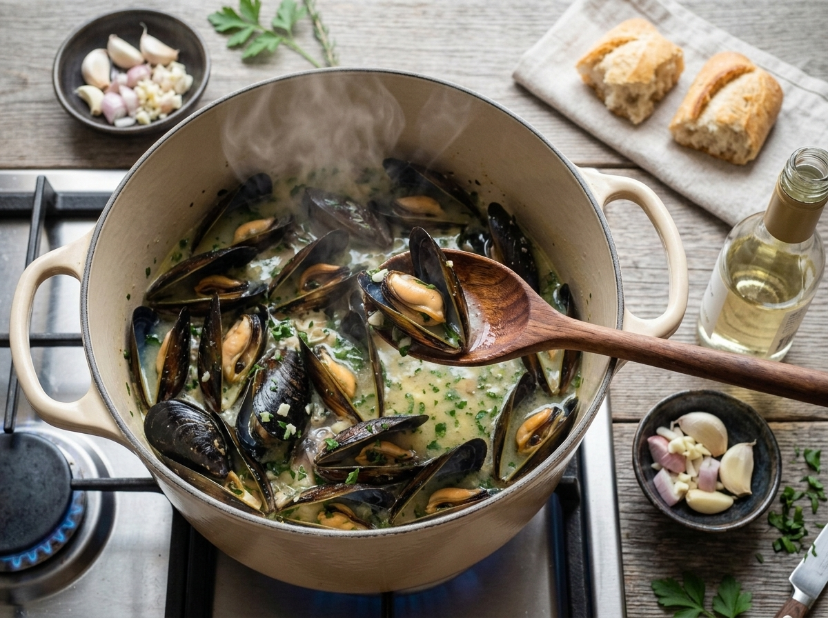 Mussels steaming in garlicky white wine broth inside a Dutch oven, shells opening as they cook
