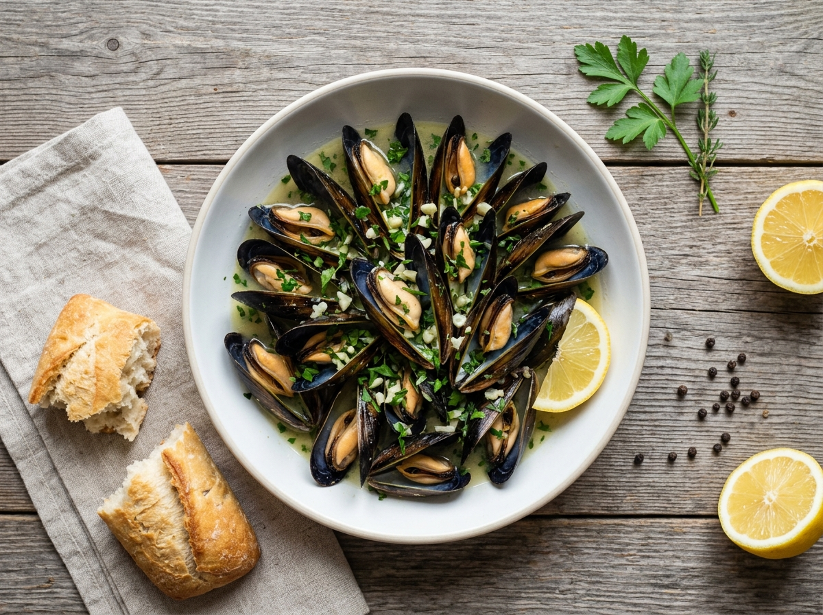 Garlicky White Wine Steamed Mussels with Fresh Herbs