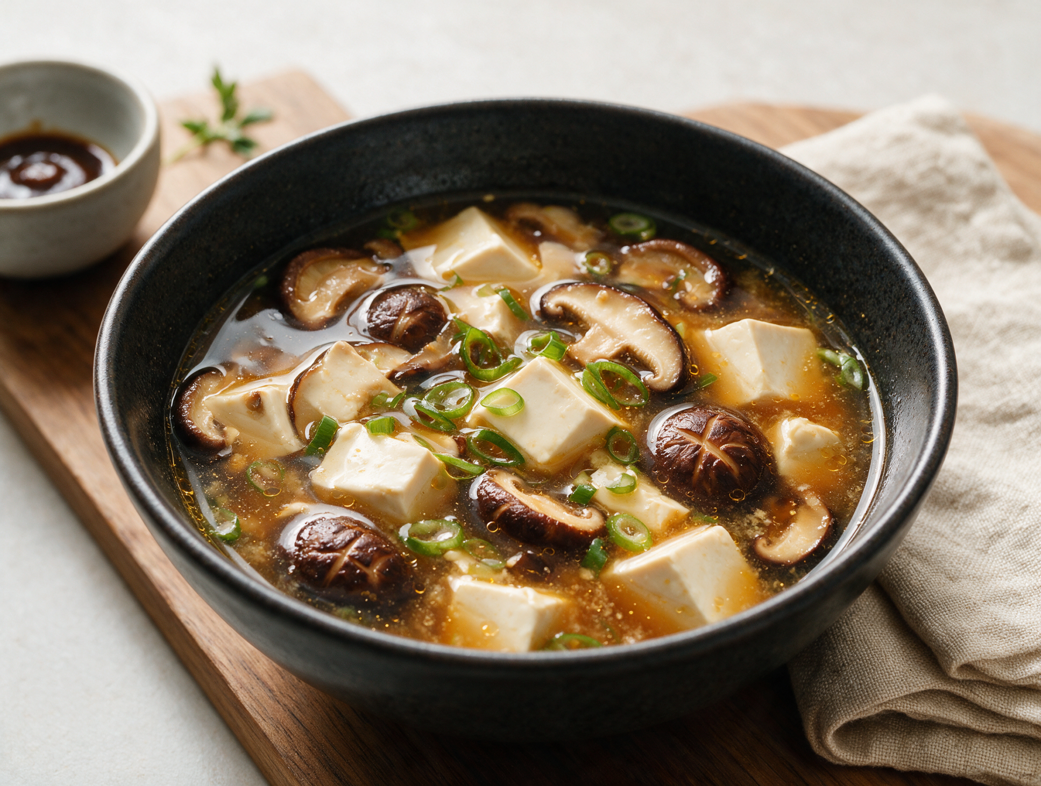 Overhead view of miso shiitake mushroom soup in a dark bowl with tofu cubes, scallions, and steam rising