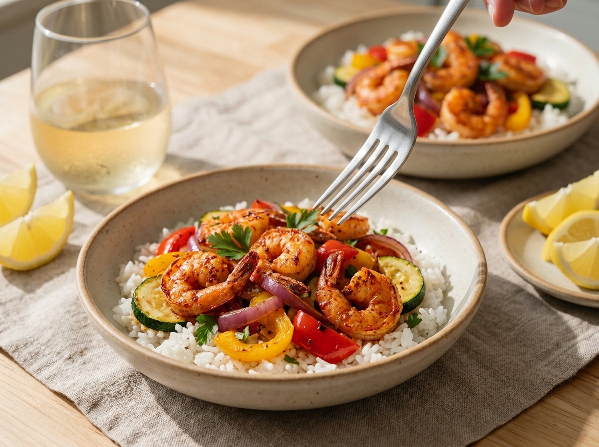Two bowls of Cajun shrimp and veggies over rice on a linen napkin, a hand reaching in with a fork