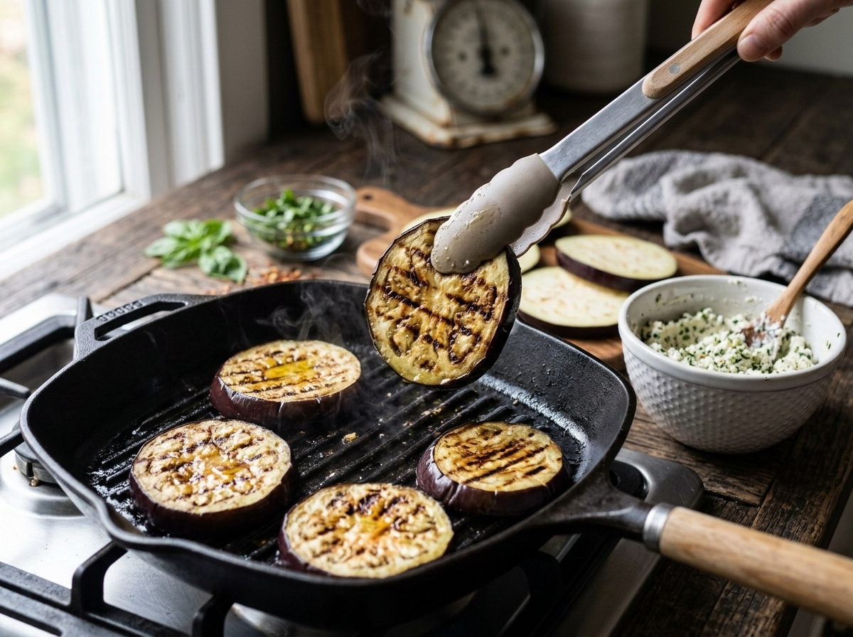 Eggplant slices charring on a grill pan before being rolled with ricotta filling for low-cal roll-ups