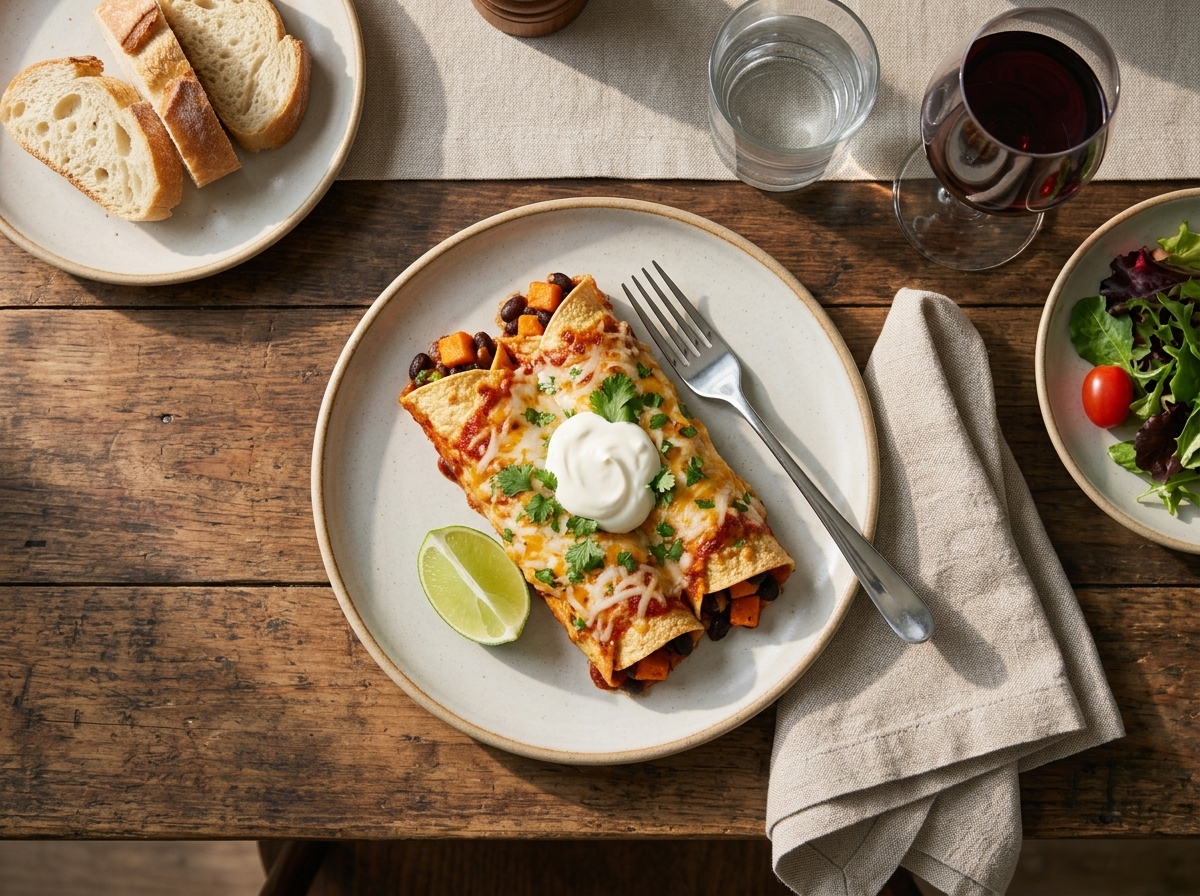 Plate of black bean and sweet potato enchiladas topped with sour cream and a lime wedge beside a linen napkin