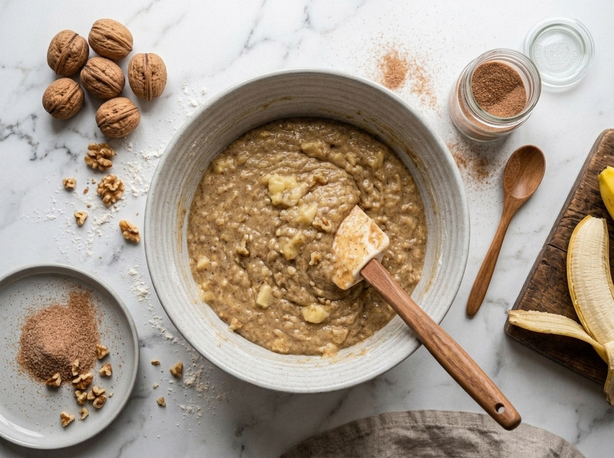 Folding chopped walnuts into banana muffin batter in a glass bowl on a marble counter before baking